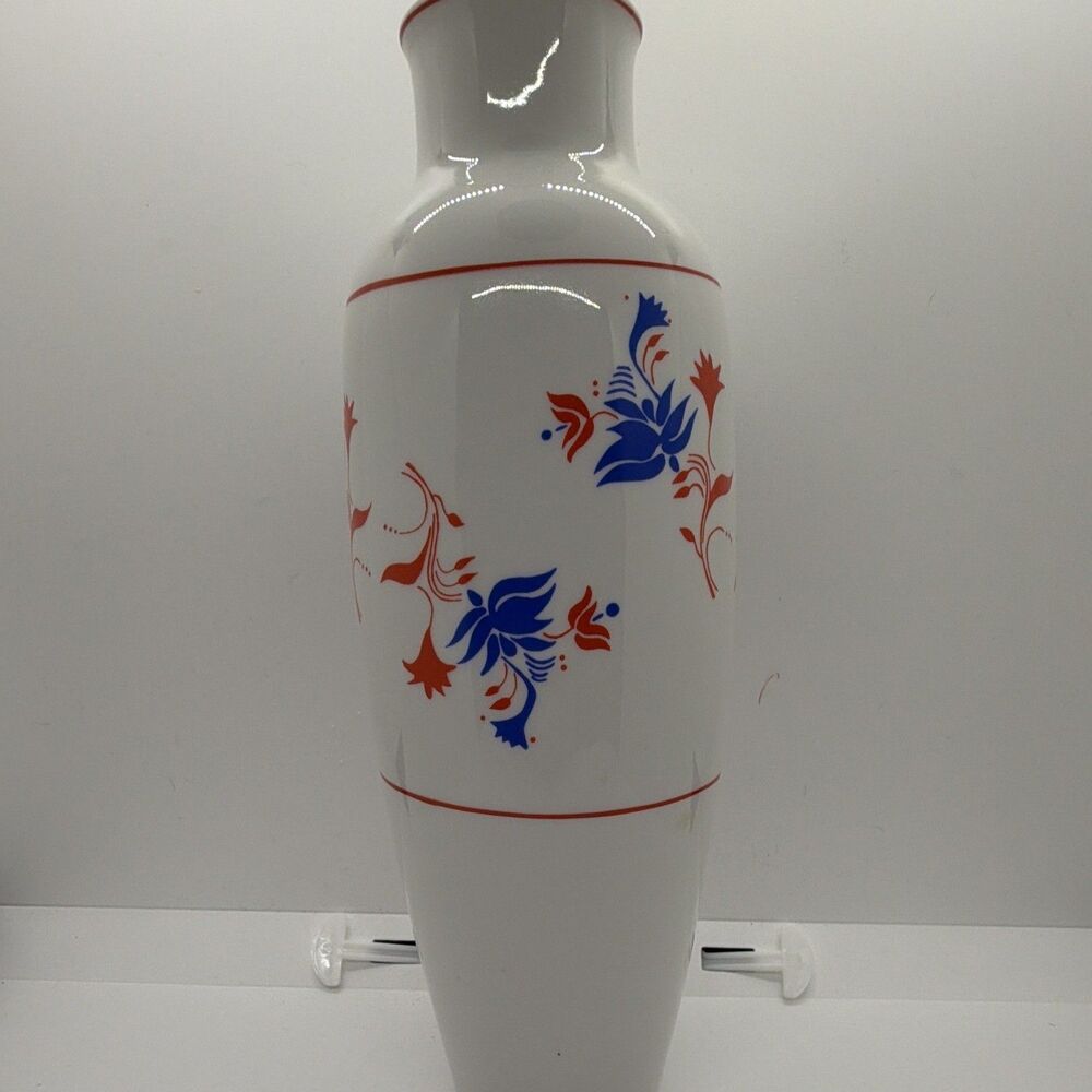 Hollohaza White Porcelain Floral Vase Blue Orange Hungary Printed Backstamp